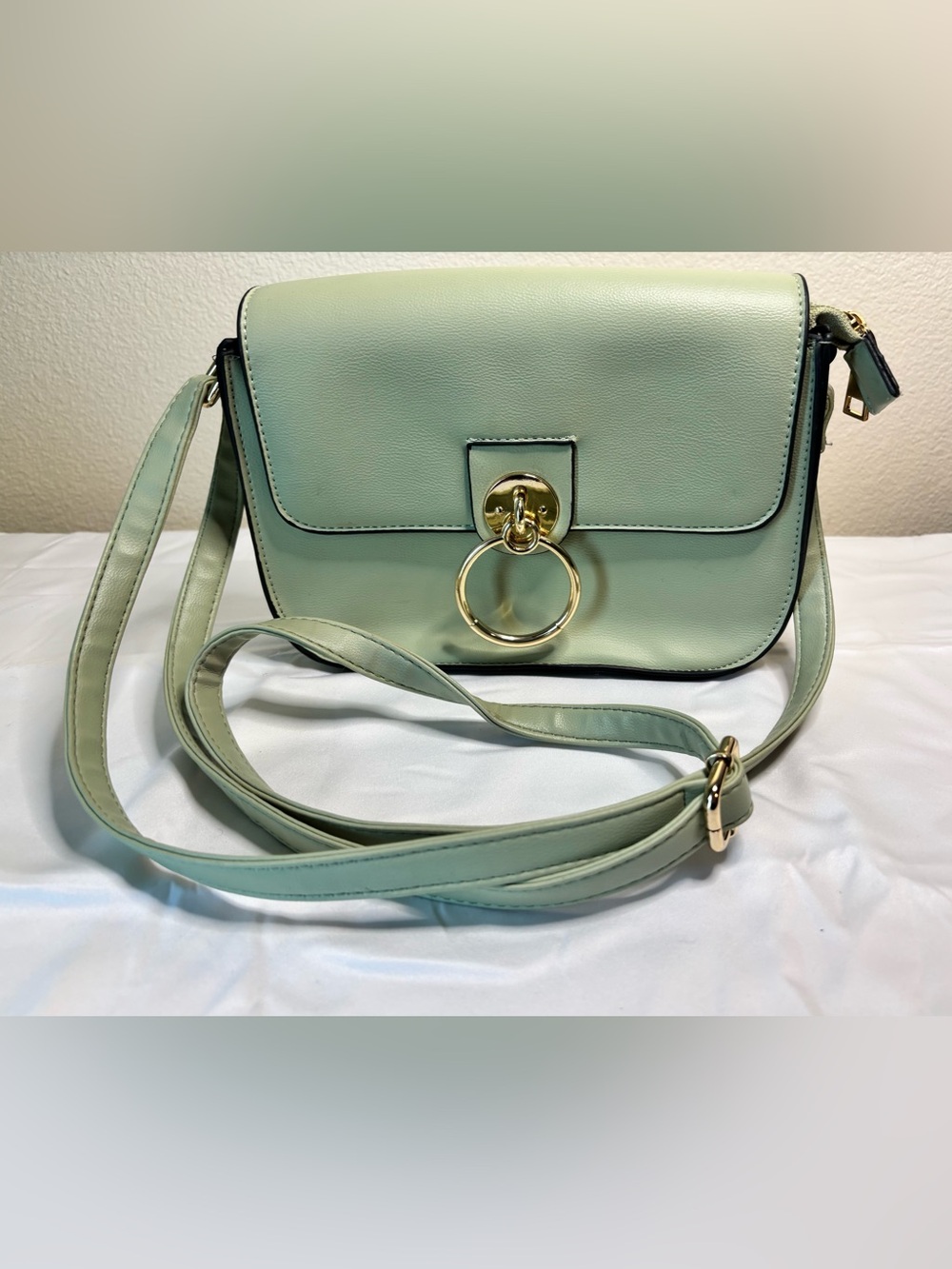 Mint Green Crossbody Bag with Gold Ring Accent